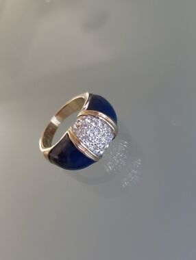 Vintage PANETTA Blue Enamel Pavé Rhinestone Gold-Plated Sterling Ring Size 7.25